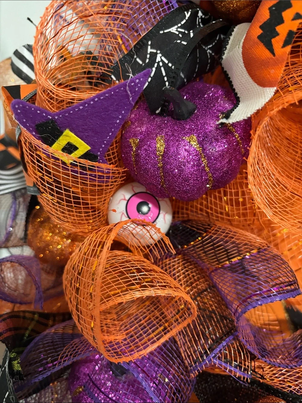 Hand Crafted Halloween Mesh Wreath in Orange, Purple & Black